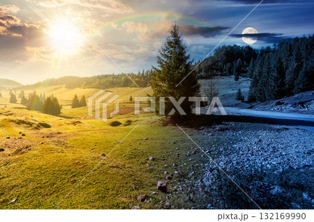 beautiful mountain landscape on autumn equinox. day and night time change concept. coniferous forest in natural park. rural valley with pastures on hills with sun and moon. amazing countryside beautiful mountain landscape on autumn equinox. day and night time change concept. coniferous forest in natural park. rural valley with pastures on hills with sun and moon. amazing countryside 132169990