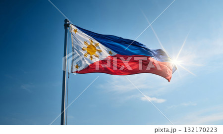 Somalias flag waving under a clear blue sky with fluffy white clouds on a sunny day 132170223