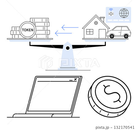 Balancing act between tokens and assets thumbs up house and car on scales. Ideal for finance, blockchain, cryptocurrency, real estate investment, digital transactions, online banking, asset Balancing act between tokens and assets thumbs up house and car on scales. Ideal for finance, blockchain, cryptocurrency, real estate investment, digital transactions, online banking, asset 132170541