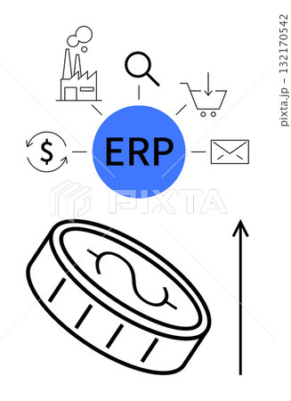 Central ERP in blue with icons factory magnifying glass shopping cart email dollar sign, coin, upward arrow. Ideal for business strategy, finance, supply chain, management, productivity, growth 132170542