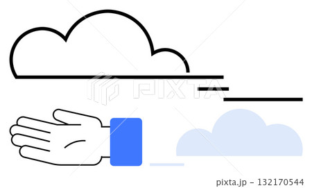 Hand extending towards black outlined cloud with blue-cuffed sleeve. Smaller blue cloud below. Ideal for creativity, ambition, success, goals, motivation, imagination perseverance. Line metaphor 132170544