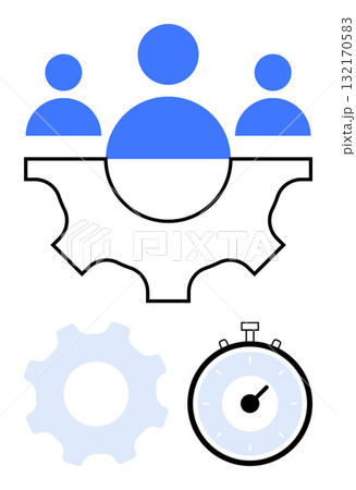 Team of three blue human figures above black gear. Light blue gear and stopwatch below. Ideal for teamwork, efficiency, productivity, organization, project management, and time tracking. Line Team of three blue human figures above black gear. Light blue gear and stopwatch below. Ideal for teamwork, efficiency, productivity, organization, project management, and time tracking. Line 132170583