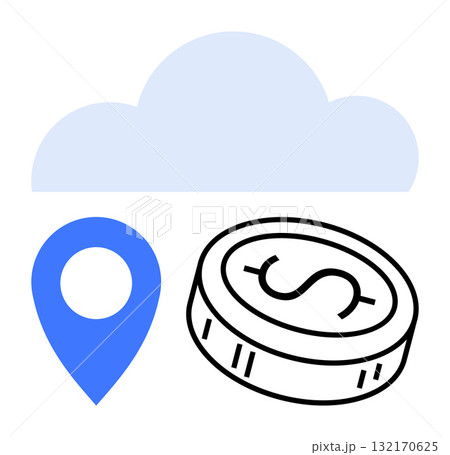 Cloud with a blue location pin and a coin with a dollar sign. Ideal for digital finance, technology services, online transactions, global connectivity, cloud storage, e-commerce, and fintech. Line 132170625