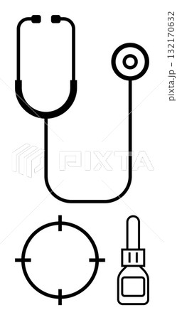 Stethoscope, eye chart, and eye drops representing medical examination and treatment. Ideal for health diagnostics, medical consultations, healthcare services, ophthalmology, preventive care, medical Stethoscope, eye chart, and eye drops representing medical examination and treatment. Ideal for health diagnostics, medical consultations, healthcare services, ophthalmology, preventive care, medical 132170632