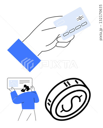 Person holding a credit card, man analyzing charts, large coin with dollar symbol. Ideal for banking, finance, investment, digital payments, e-commerce financial analysis savings. Line metaphor 132170635
