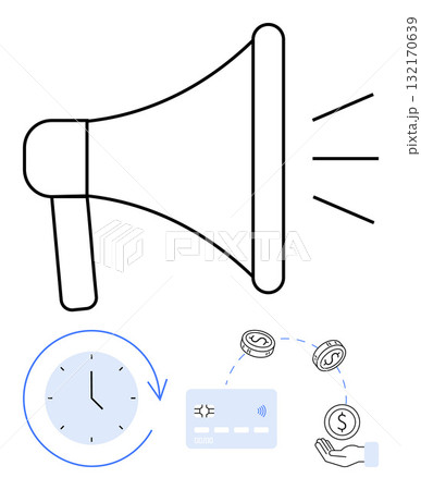 Megaphone emitting sound waves, clock with inserted arrow, credit card connected to dollar sign and hand. Ideal for financial services, marketing strategies, business planning, time management 132170639
