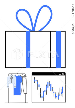 Gift box with blue bow beside a clothing rack and stock market chart. Ideal for e-commerce, finance, trading, shopping, fashion, holiday sales, and retail. Line metaphor 132170644
