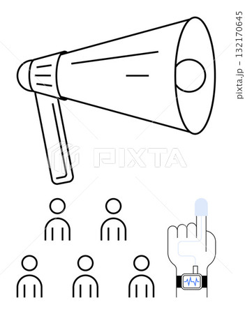 Megaphone projecting voice to six people, finger with health monitor. Ideal for communication, influence, health tech, feedback, digital outreach, public speaking, technology. Line metaphor Megaphone projecting voice to six people, finger with health monitor. Ideal for communication, influence, health tech, feedback, digital outreach, public speaking, technology. Line metaphor 132170645