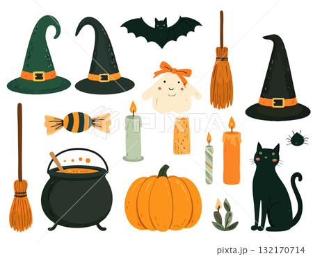 ハロウィンアイテムと黒猫のアイコン ハロウィンアイテムと黒猫のアイコン 132170714