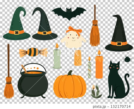 ハロウィンアイテムと黒猫のアイコン ハロウィンアイテムと黒猫のアイコン 132170714