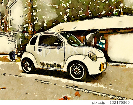 希少なスズキ・ツイン（Suzuki Twin）｜ユニークなデザインのツーシーター軽自動車水彩イラスト 132170869