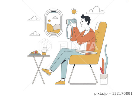 飛行機内で窓の外を写真撮影する中年男性 132170891