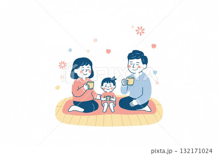 家族でお茶を楽しむほのぼのシーン 132171024