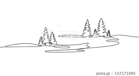SEO Title: Forest Landscape Continuous Line Drawing Vector. Minimalist Nature Scene with Pine Trees. SEO Title: Forest Landscape Continuous Line Drawing Vector. Minimalist Nature Scene with Pine Trees. 132171095