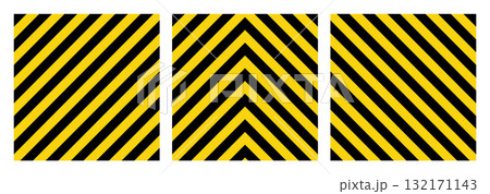Warning sign with yellow and black diagonal lines. Attention, danger or caution symbol. Construction site signage, road safety notice, hazard banner, security alert shield. Vector illustration 132171143