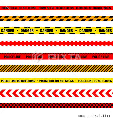 Barricade construction tape. Colorful police warning line, brightly colored danger or hazard stripe, ribbon. Restricted area, zone. Attention symbol. Vector illustration Barricade construction tape. Colorful police warning line, brightly colored danger or hazard stripe, ribbon. Restricted area, zone. Attention symbol. Vector illustration 132171144