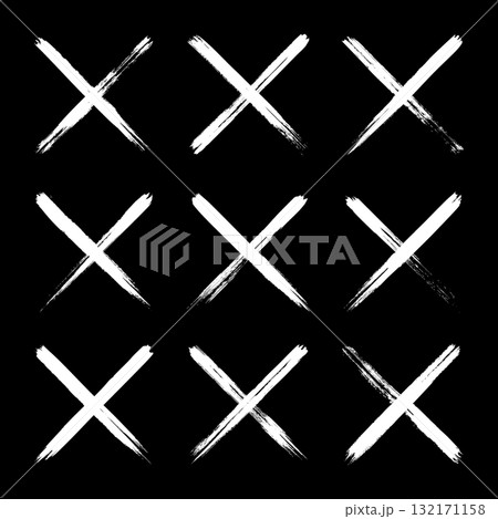 Grunge crosses, brush strokes, x mark, lines, ink smudges, hand-drawn scribble shapes. Handmade sketchy marks, acrylic stains, charcoal streaks. Paint textures, dry brush effect. Vector illustration 132171158