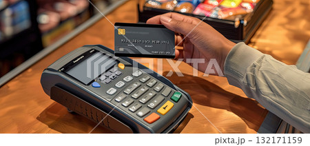 Customer Tapping Credit Card on POS Terminal for Payment Customer Tapping Credit Card on POS Terminal for Payment 132171159