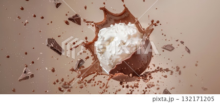 Egg inside exploding chocolate shell with milk...のイラスト素材 [132171205 ...