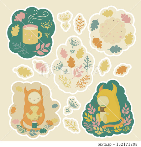 Stickers with cute monsters, mugs of tea and cookies, cozy autumn picnic Stickers with cute monsters, mugs of tea and cookies, cozy autumn picnic 132171208