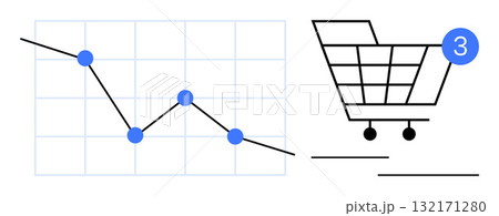 Shopping cart with notification bubble indicating 3 items. Line chart with blue data points marking trends. Ideal for business analytics, e-commerce, sales growth, marketing strategies, consumer Shopping cart with notification bubble indicating 3 items. Line chart with blue data points marking trends. Ideal for business analytics, e-commerce, sales growth, marketing strategies, consumer 132171280