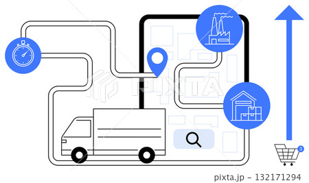 Truck following a route on a digital map with a location pin, stopwatch, warehouse, factory, search icon. Ideal for supply chain, transportation, e-commerce, shipping delivery services efficiency Truck following a route on a digital map with a location pin, stopwatch, warehouse, factory, search icon. Ideal for supply chain, transportation, e-commerce, shipping delivery services efficiency 132171294