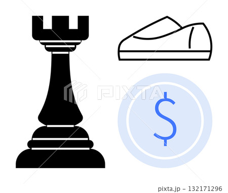 Chess rook, coin with dollar symbol, and formal shoe. Ideal for strategy, finance, business, leadership, wealth management, professional growth, career development themes. Line metaphor Chess rook, coin with dollar symbol, and formal shoe. Ideal for strategy, finance, business, leadership, wealth management, professional growth, career development themes. Line metaphor 132171296