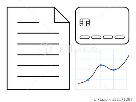 Financial document with horizontal lines, credit card with chip and abstract line graph with blue data points. Ideal for finance, business planning, data analysis, credit management, financial 132171297