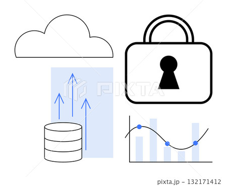 Cloud icon, database with uplink arrows, secure padlock, and an analytics graph with line chart. Ideal for data security, cloud storage, database management, cybersecurity, IT solutions analytics 132171412