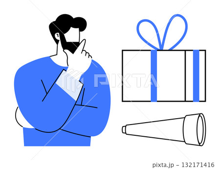 Man with hand on chin thinking, near a wrapped gift and telescope. Ideal for decision-making, future planning, curiosity, exploration, problem-solving, journeys and celebrations. Line metaphor Man with hand on chin thinking, near a wrapped gift and telescope. Ideal for decision-making, future planning, curiosity, exploration, problem-solving, journeys and celebrations. Line metaphor 132171416