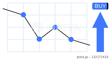 Line chart with a declining trend highlighted by four blue data points. Large blue upward arrow and a BUY button suggest buying opportunity. Ideal for investment tips, trading strategies, market 132171418