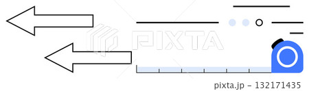 Measuring tape with blue and white casing, two large arrows pointing left, dotted lines, horizontal lines, and circles. Ideal for construction, planning, architecture, design, engineering, DIY 132171435
