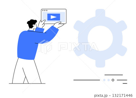 Individual holding a video playback window, positioned next to a large gear icon. Ideal for media editing, technology, video tutorials, online learning, software settings, user interfaces, digital 132171446