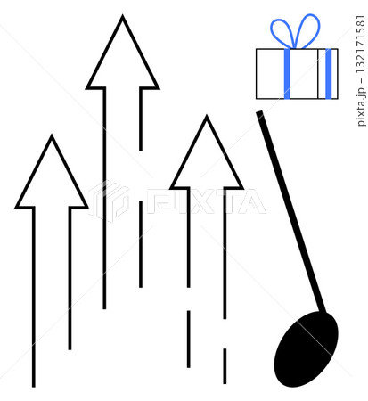 Five black arrows pointing upward with a black spoon holding a gift box. Ideal for business success, achievement, growth, progress, rewards, milestones, career development. Line metaphor Five black arrows pointing upward with a black spoon holding a gift box. Ideal for business success, achievement, growth, progress, rewards, milestones, career development. Line metaphor 132171581