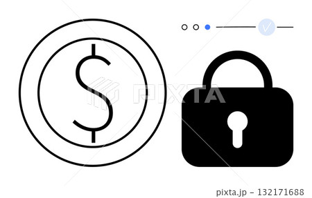 Dollar coin and lock symbolizing financial security and data protection. Ideal for fintech, banking, cybersecurity, online transactions, e-commerce, privacy policies, digital wallets. Line metaphor 132171688