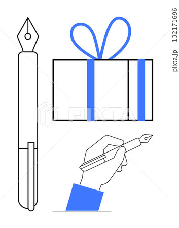 Fountain pen close-up, hand holding pen, gift box with bow in blue highlights. Ideal for creative thinking, writing, education, gift-giving, office themes celebrations holiday events. Line metaphor Fountain pen close-up, hand holding pen, gift box with bow in blue highlights. Ideal for creative thinking, writing, education, gift-giving, office themes celebrations holiday events. Line metaphor 132171696