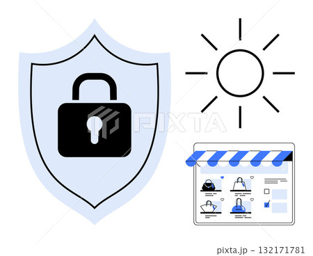 Shield with lock, sun, and online store webpage. Ideal for cybersecurity, e-commerce security, data privacy, online protection, safe shopping digital safety website security. Line metaphor 132171781