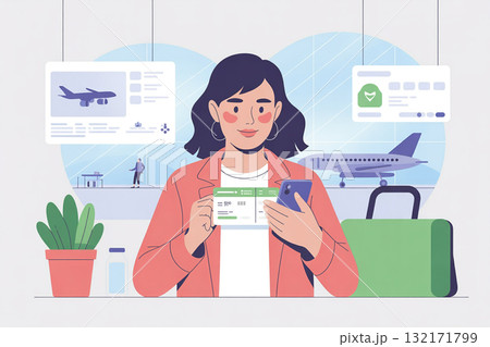 空港でスマートフォンを使い搭乗券を確認する女性 空港でスマートフォンを使い搭乗券を確認する女性 132171799