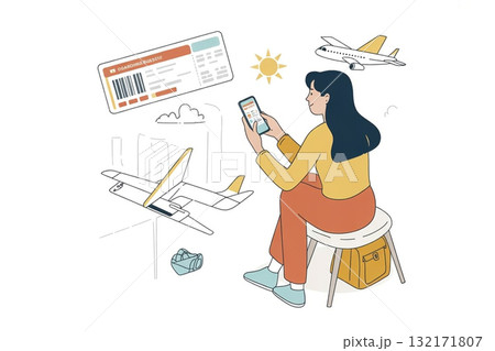 空港でスマートフォンを使い搭乗券を確認する女性 空港でスマートフォンを使い搭乗券を確認する女性 132171807