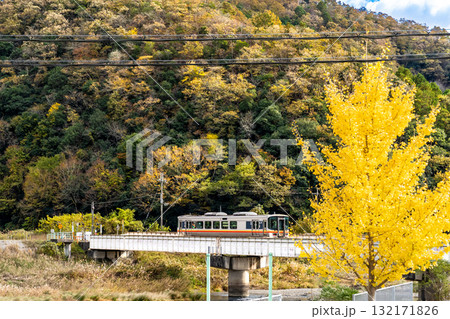 晩秋の姫新線　佐用川の鉄橋を渡る播磨新宮駅行き普通列車2　兵庫県佐用郡佐用町 132171826