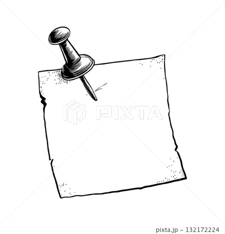Sketch of a push pin piercing a blank paper sheet, hand-drawn style on white background, concept of notes, reminders, or messages 132172224