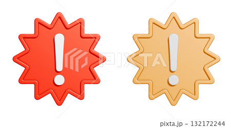 トゲトゲの注意マークの3Dアイコンセット。赤と黄色のシンプルな禁止マークのUIイラスト 132172244