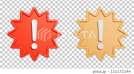 トゲトゲの注意マークの3Dアイコンセット。赤と黄色のシンプルな禁止マークのUIイラスト 132172244