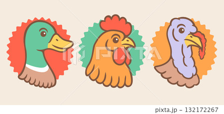 Vector set illustrations of turkey, chicken and duck heads in retro style. Vintage illustrations of turkey, rooster and duck Vector set illustrations of turkey, chicken and duck heads in retro style. Vintage illustrations of turkey, rooster and duck 132172267