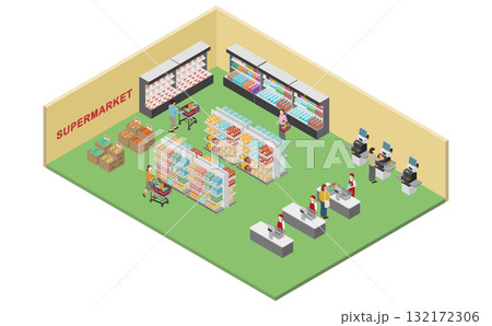アイソメトリックイラスト：スーパーマーケット店内 132172306
