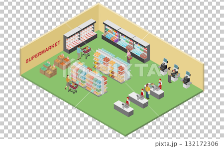 アイソメトリックイラスト：スーパーマーケット店内 132172306