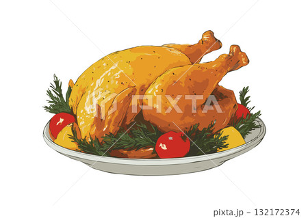 Roasted whole chicken served on a plate with herbs and vegetables in a hand-drawn style on white background, concept of holiday meal Roasted whole chicken served on a plate with herbs and vegetables in a hand-drawn style on white background, concept of holiday meal 132172374