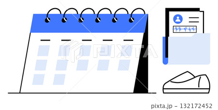 Desk calendar open to empty dates on a spiral-bound stand, folder with medical records, and a shoe. Ideal for healthcare, office planning, time management, appointments, patient scheduling, medical 132172452