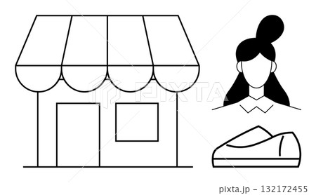 Small storefront with an awning, a woman in profile with a bun hairstyle, and a single shoe. Ideal for retail, fashion, shopping, e-commerce, small businesses, boutiques, and footwear themes. Line 132172455