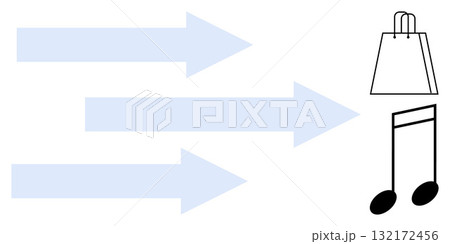 Three rightward arrows, pale blue, point towards a black shopping bag and a musical note. Ideal for commerce, e-commerce, music industry, advertisement, logistics direction navigation themes. Line 132172456